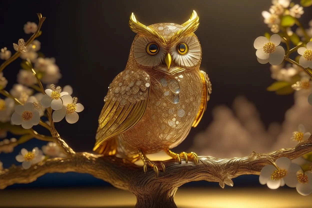 An image of a crystal owl covered in gold etching and diamonds, perched on a branch of cherry blossoms. The scene is illuminated by a soft, ethereal light, enhancing the intricate details and textures of the bird and the surroundings. The art style is detailed, realistic, and captures the magical essence of the scene, trending on ArtStation. The composition combines elements of classical elegance and modern fantasy, reminiscent of the masterful works elegant fantasy intricate high