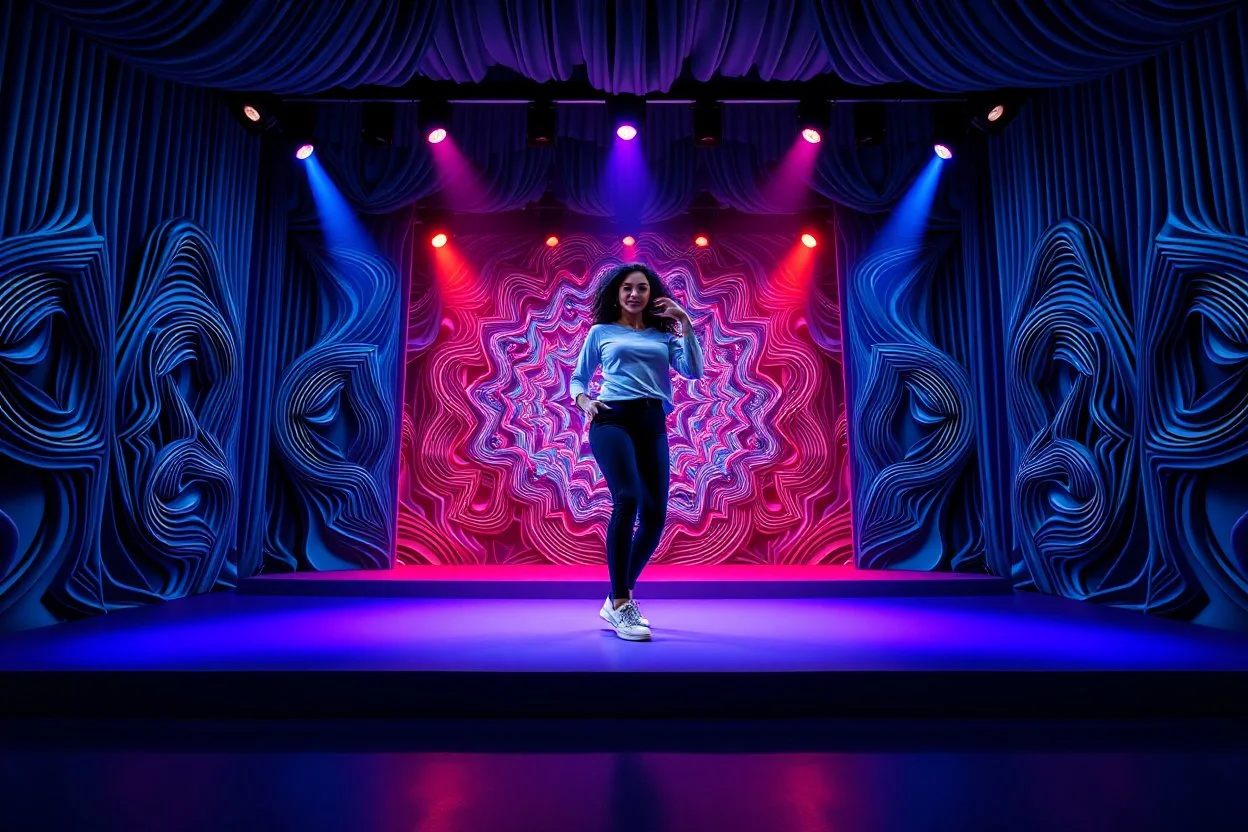 modern stage with gray-blue theme artistic decoration , color full dynamic lighting, a beautiful lady in pants and blouse with sport shoes dancing, 3D recursive fractal structure animating background