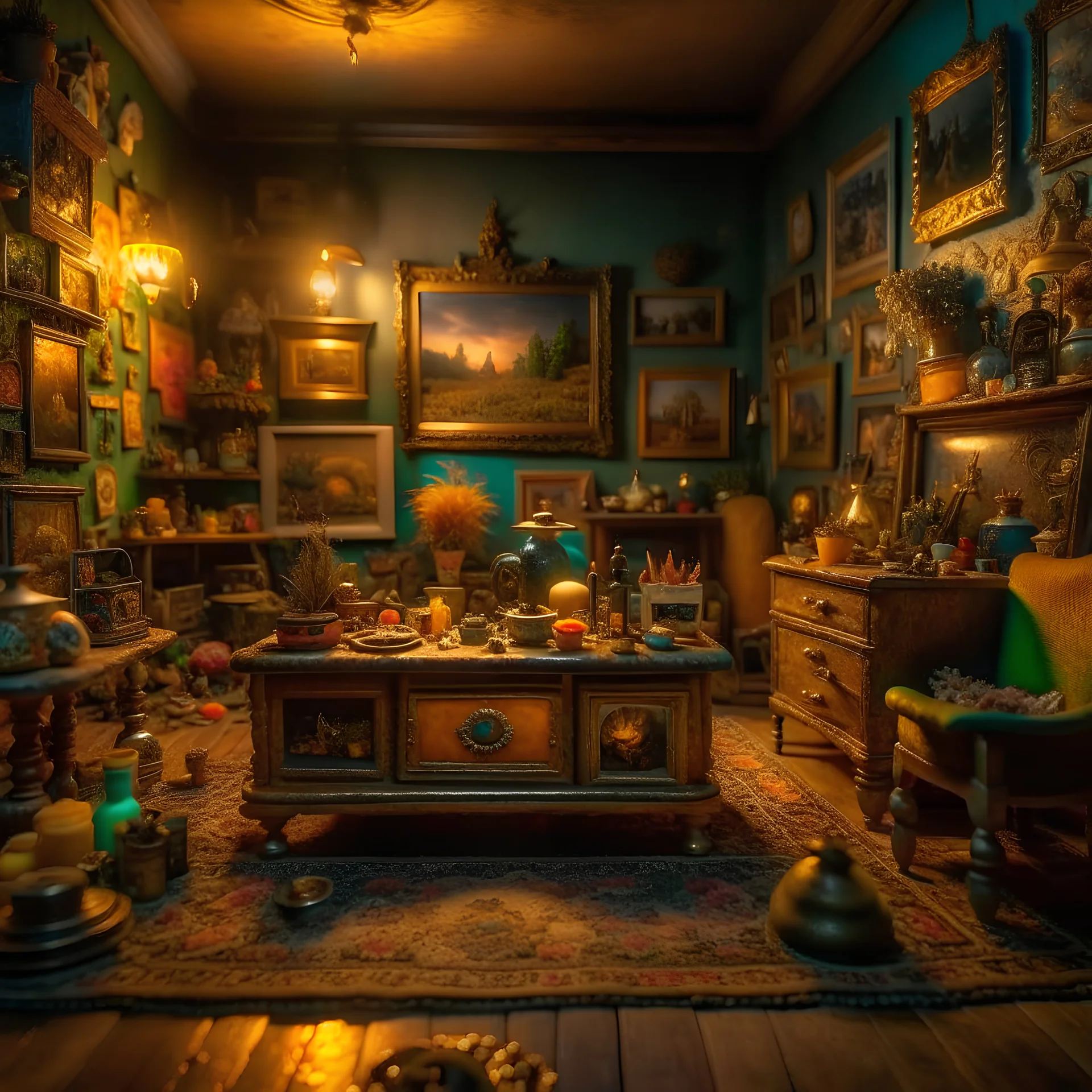 Diorama of old stuff in a room, sharp focus, 8k, 3d, very detailed, volumetric light, grim, fine art, very colorful, ornate, 35mm, F/2.8, insanely detailed and intricate, hypermaximalist, super detailed, decadent