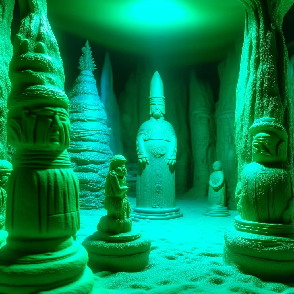 A greenish blue underground ice kingdom designed in Hawaiian tiki statues painted by Vincent van Gogh