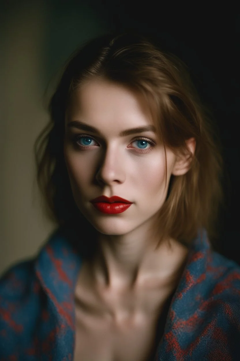 Face portrait of a beautiful Polish young woman taken by a Mamiya M645 camera with portrait lens on colour medium-format film, red lips, blue eyes, pored skin, hard light, skin isn't smooth