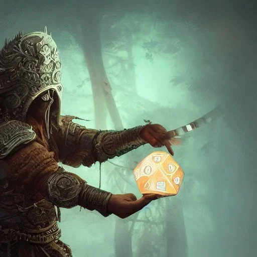 Insanely detailed photograph of an “ warrior mariachi holding glowing D20” with intricate detailed beard, intricate clothing, hyperdetailed painting by Ismail Inceoglu Huang Guangjian and Dan Witz CGSociety ZBrush Central fantasy art album cover art,8K, hdr, mysterious, flickeringlights ,Stoic