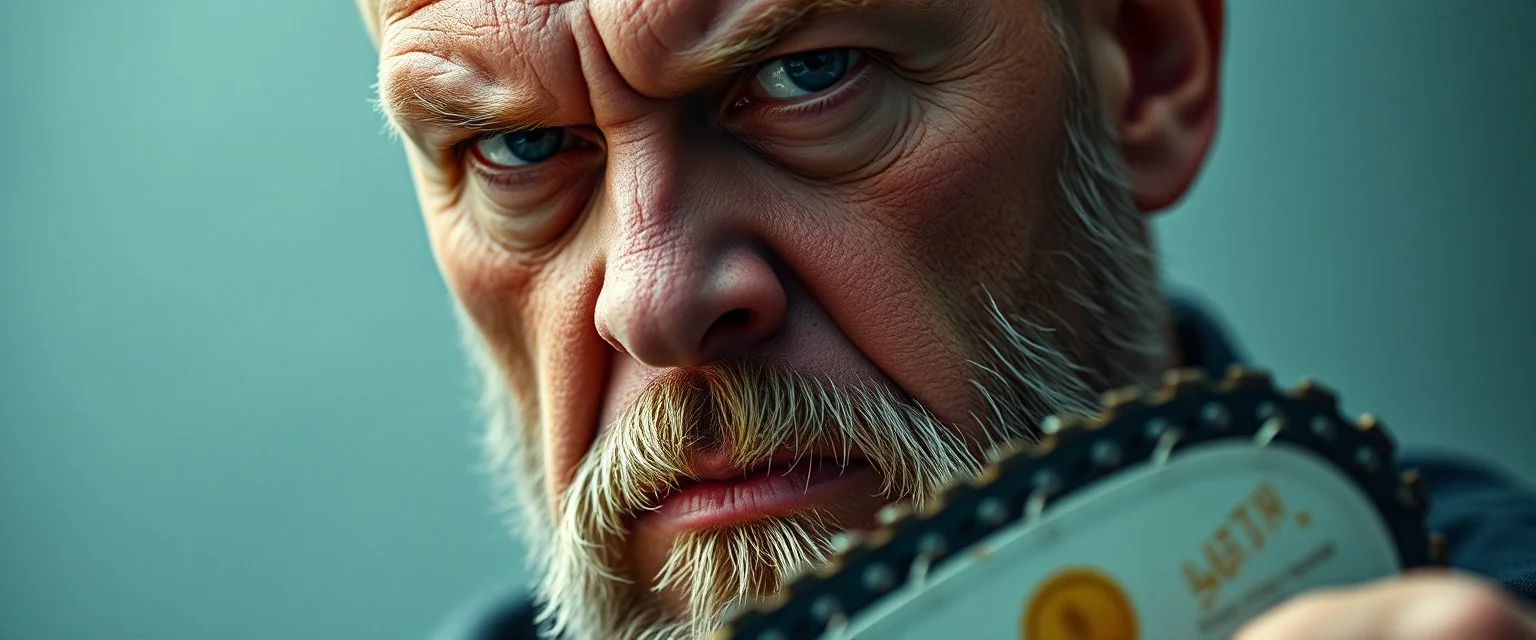 close up portrait of a ramen bucket that looks like a chain saw wielded by serious angry bald law man, in cinema