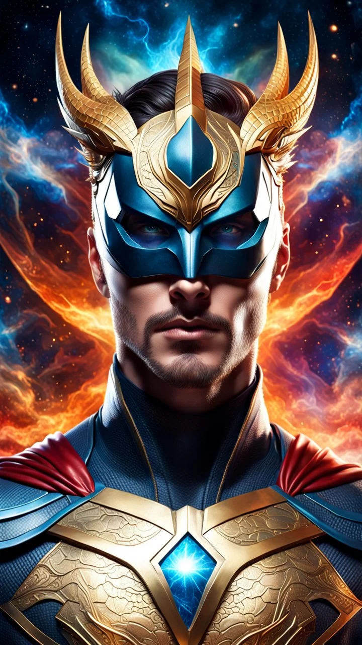 Full body ultra realistic photo portrait of superhero man with stylized dragon mask over his eyes and forehead cosmic energy, colorful, painting burst, beautiful symmetrical face, nonchalant kind look, realistic round eyes, tone mapped, intricate, elegant, highly detailed, digital painting, artstation, concept art, smooth, sharp focus, illustration, dreamy magical atmosphere, full body