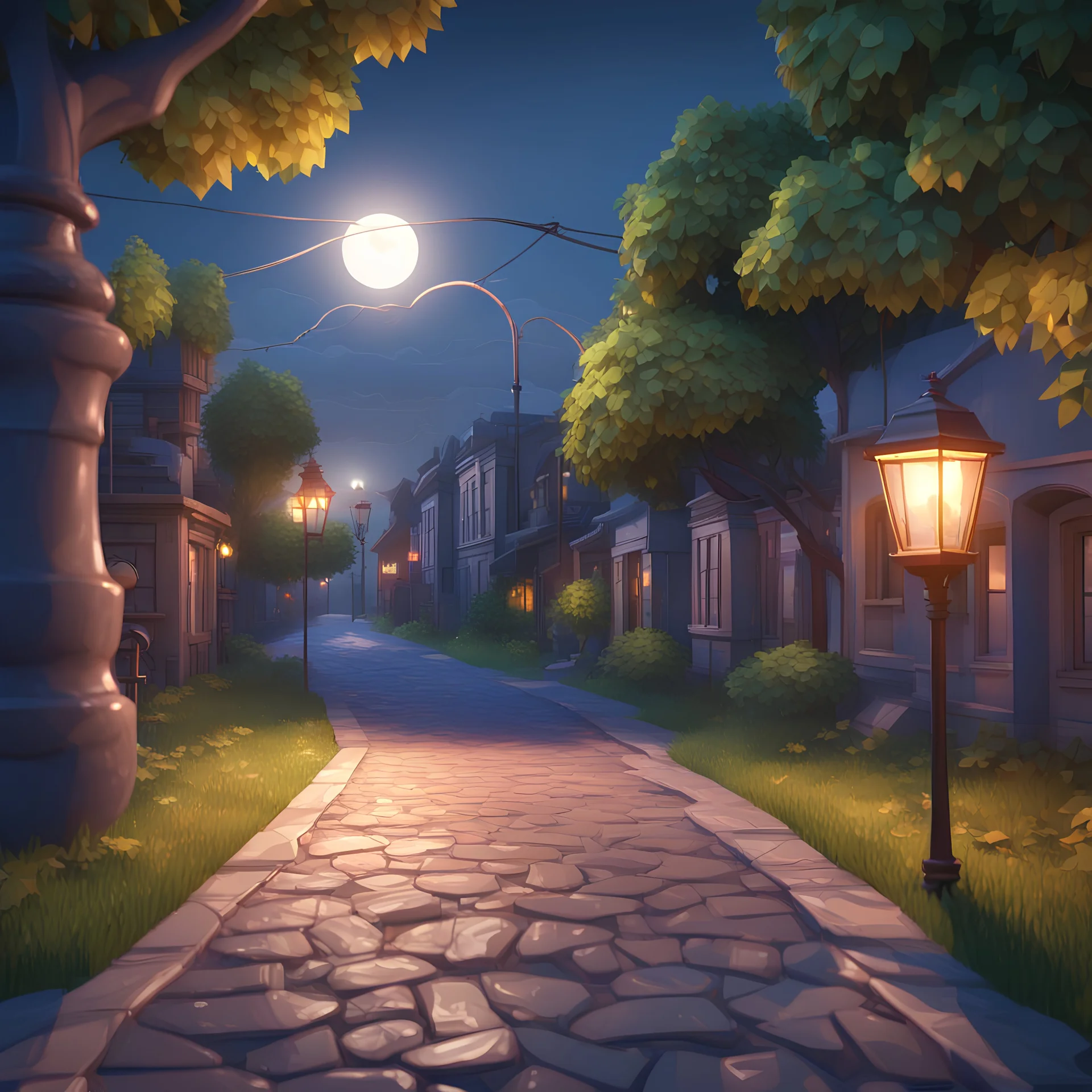 Background: city night landscape, clouds, tree branch, paved sidewalk, lantern, 3d asset, low poly Details: scratch on the sign, shadow from the sign, dew on the leaves, light in the windows of houses. Camera: frontal angle, 45°, 50 mm. Lighting: setting sun, LED lights, flashlight. 3d asset, cartoon style, low poly