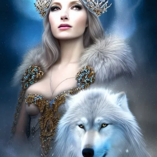 portrait of the most gorgeous, stunning, beautiful ice queen goddess with large wolf, intricate crystal ice crown, 8k resolution, high-quality, fine-detail, ornate, digital art, detailed matte, volumetric lighting, brian froud, howard lyon, selina french, anna dittmann, annie stokes, lisa parker, greg rutowski,