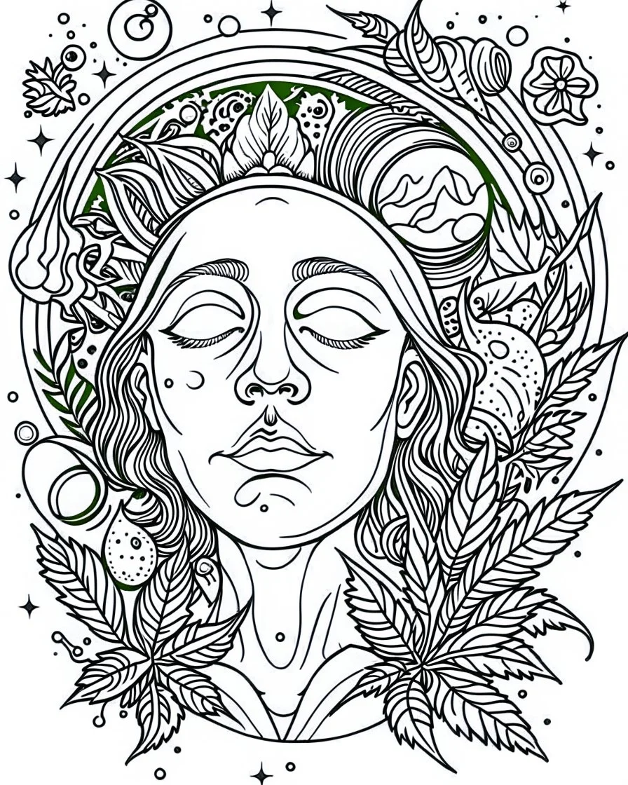 outline art for stoners coloring pages with A very simple and minimal design featuringA trippy cosmic journey through space, with planets and stars morphing into cannabis leaves, white background, sketch style, fully body, only use outline, mandala style, clean line art, white background, no shadows and clear and well outlined