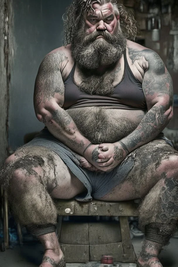 full figure shot photography of a dirty burly muscular chubby turkish manly man happy sitting, 62 years old, beefy, ugly , crossed arms, long beard, curly hair, sweat, tattoo, with completely torn and faded dirty cotton unbuttoned short trousers, tattoo, big bulge, beard , big legs, drunk eyes, bare-chested, huge belly, in industrial area, photorealistic, side light, view angle from low , ambient occlusion