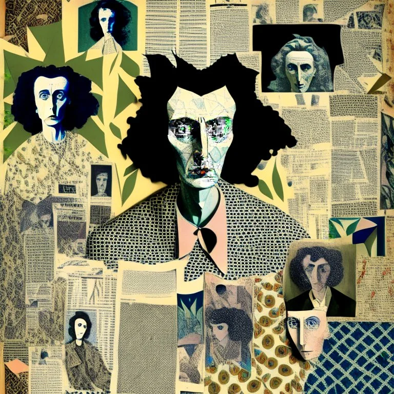 paper collage of a surreal portrait, newspaper pages and wallpaper, background patterned wallpaper, by artist "Leonora Carrington"