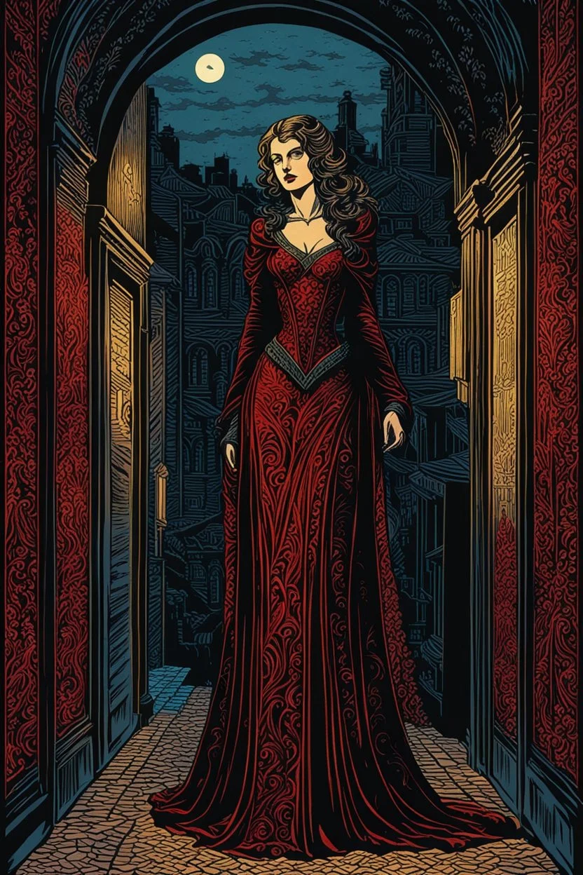 museum quality full body color woodcut of a Banu Haquim female vampire with highly detailed hair and facial features in the dark back alleys of Seattle, in the style of Gustave Baumann, with a fine art , graphic novel aesthetic, highly detailed, finely cut ,8k render,