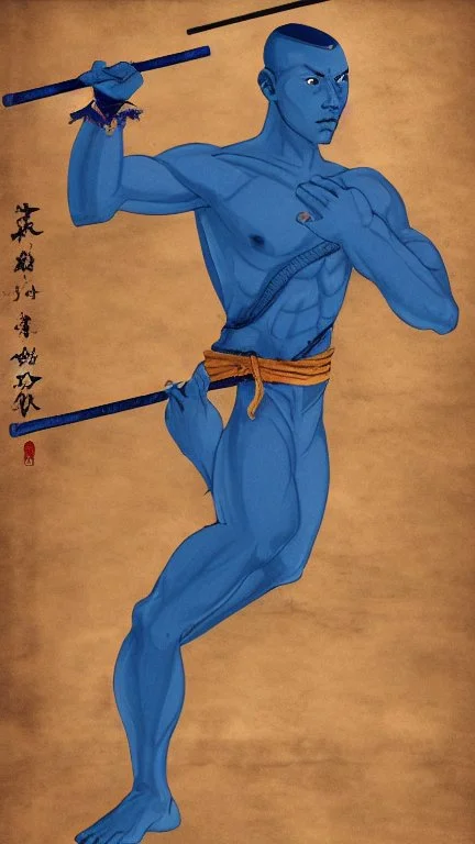 A young male water genasi with deep blue skin color, water shape dred hair on head. Shaolin monk with long stick weapon, kung fu master, martial art