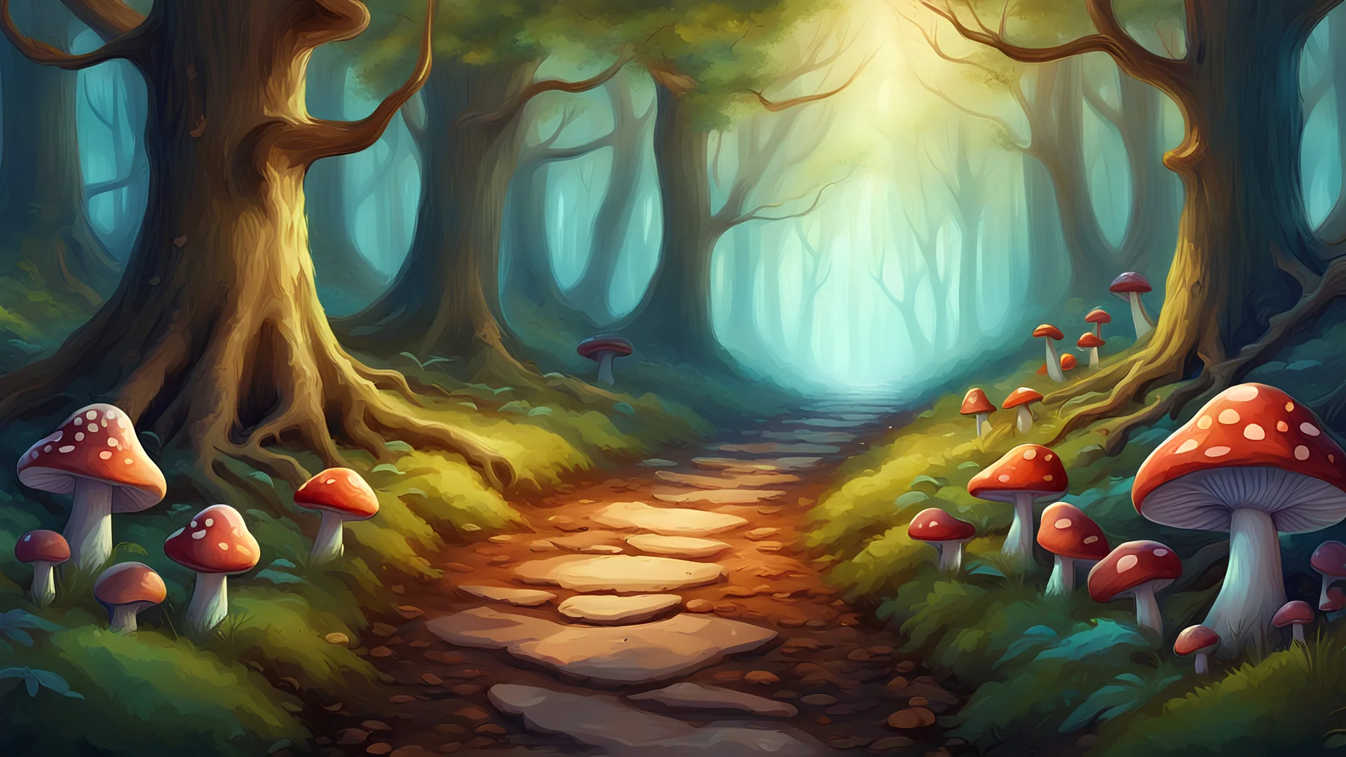 illustration {a scene showing a path leading away from the viewer in a fantasy forest with trees and mushrooms with different colors} digital art, semi-realistic, fantasy, dreamscape