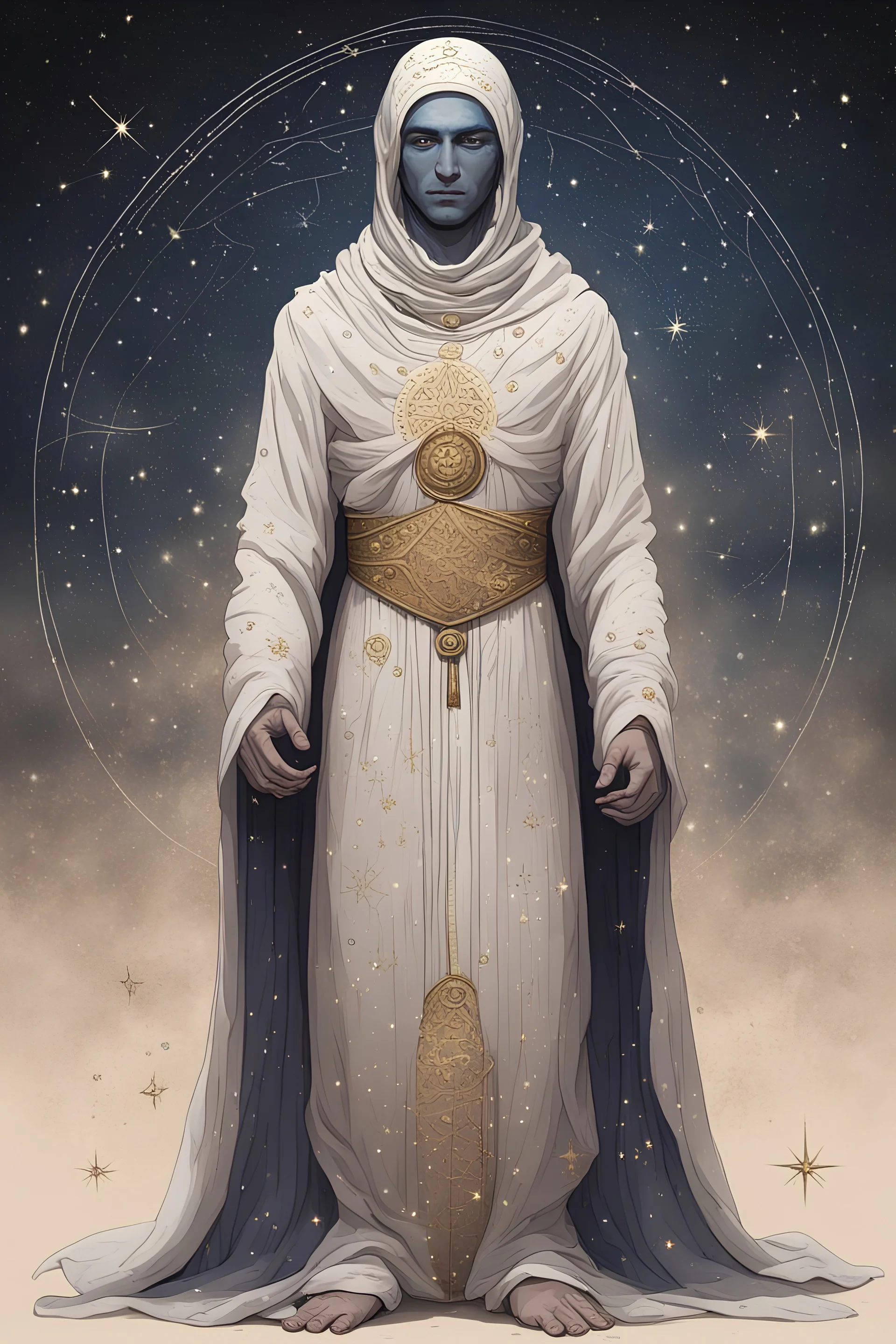 A humanoid composed of pure universal matter, stars and constellations visible under his robe, wrapped in bandages,Arabic setting,