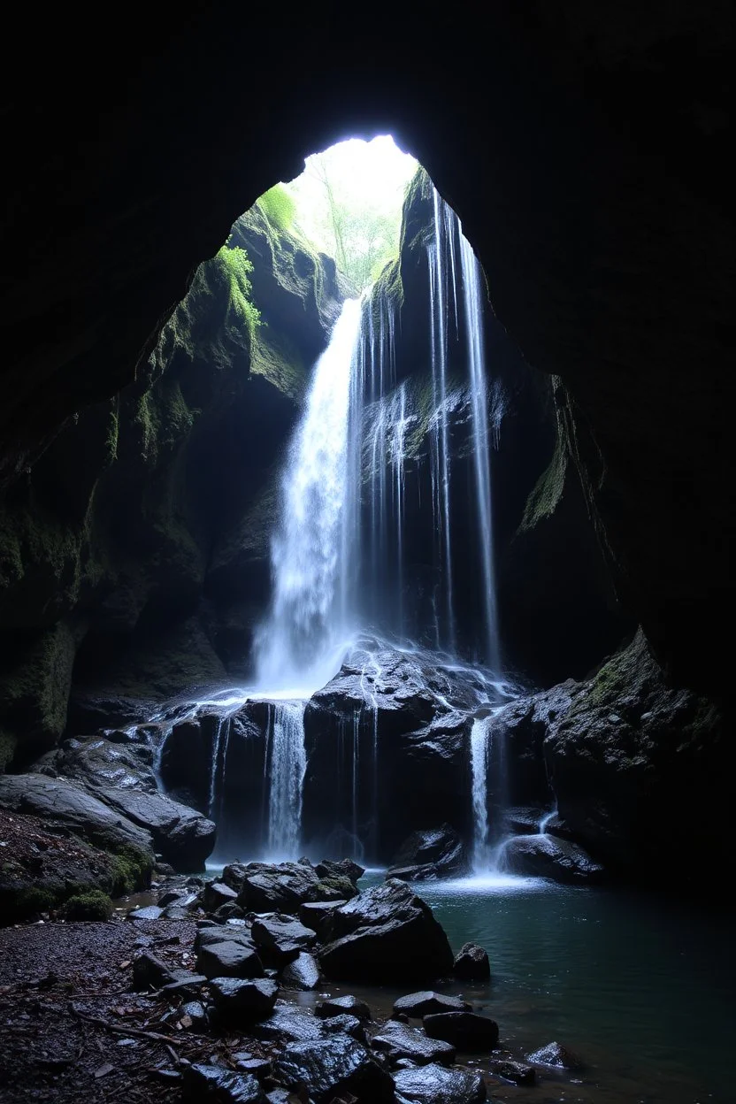 A cave with covered with waterfalls