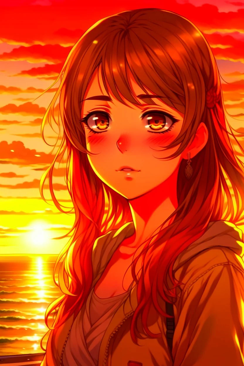 (image: An anime character with flowing hair and intense eyes, standing against a picturesque sunset), Descriptive Keywords: Anime Character, Flowing Hair, Intense Eyes, Sunset, Beauty, Ultra Realistic, Anime, Anime Character Type: Heroine, Camera Lens Type: Wide-angle lens, Camera Aperture Settings: f/2.8, Time of Day: Golden Hour (evening), Style of Anime Character: Strong and Determined, Type of Film: Digital