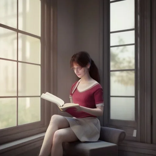 Study girl read a book in by the window, movie, real photo realistic, unreal engine, cinematic lighting --ar 1:1 creative