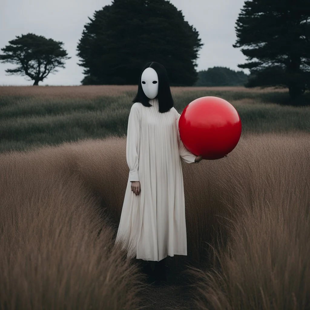 a no face woman with mask standing in a field holding red ball, inspired by Ren Hang, design milk, long black hair, whites, wanderers traveling from afar, trending on artisation, cloning spell, coat pleats, in twin peaks, submarine, by Helen Thomas Dranga, symetry, round-cropped, noire photo