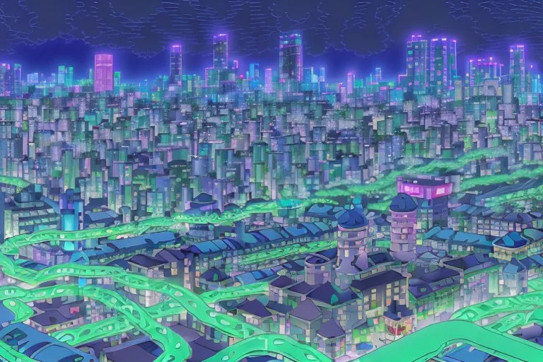 An intriguing landscape image of Gastown, reimagined as a cyberpunk utopia, filled with bizarre, inexplicable technologies. Luminescent cables wind around buildings like bioluminescent vines, floating drones buzz around, and holographic billboards flicker in an array of colors. Yui and Toshi, dwarfed by the city's scale, enter this urban labyrinth, their expressions a mix of awe and confusion.