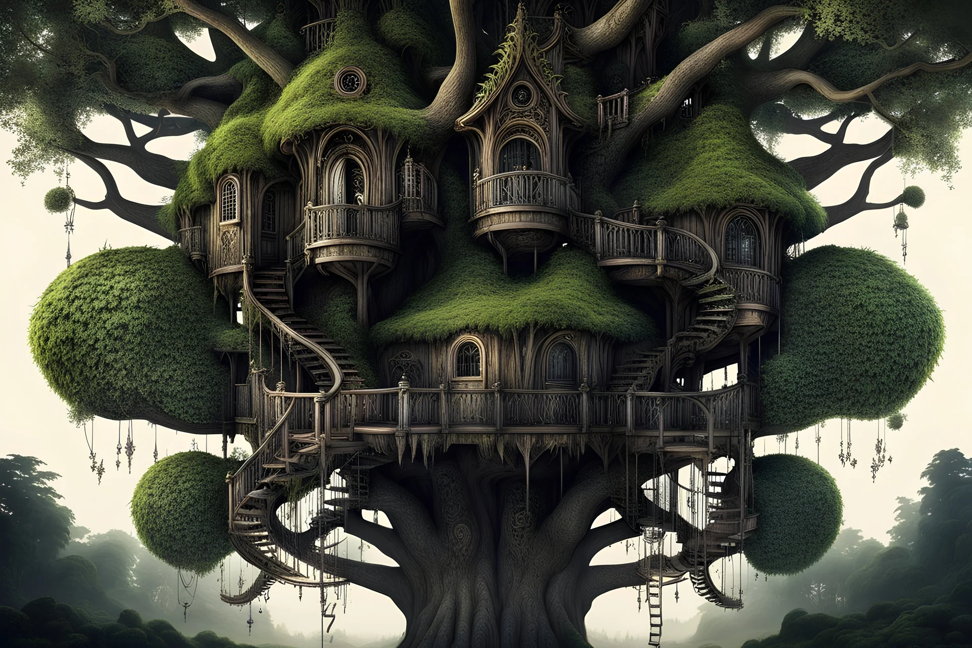 Extreme Unusual Treehouse in surreal forest, vegetation, spiky tendrils, intricate details, dark colors, detalied, dark fantasy, psychedelic, very detailed, cinematic