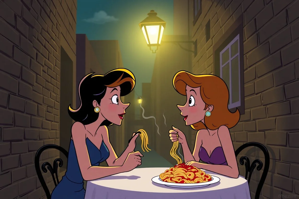 lady and the tramp eating spaghetti in an alleyway under a streetlight, cartoon, disney, romantic