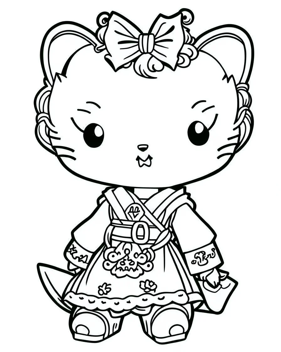 outline art for real Hello Kitty coloring page, Japanese manga style, cartoon style, cute face, white background sketch style, full body is a must, only use outline, clean line art, no shadow, bold outline