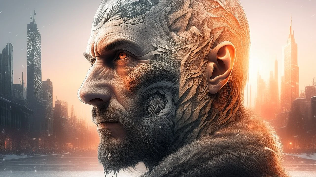 Double exposure, Wolfman, photorealism, man, city, sunset, snow, rain, fantasy, mystical, tattoo, vertical pupils, high detail, high resolution, 8K