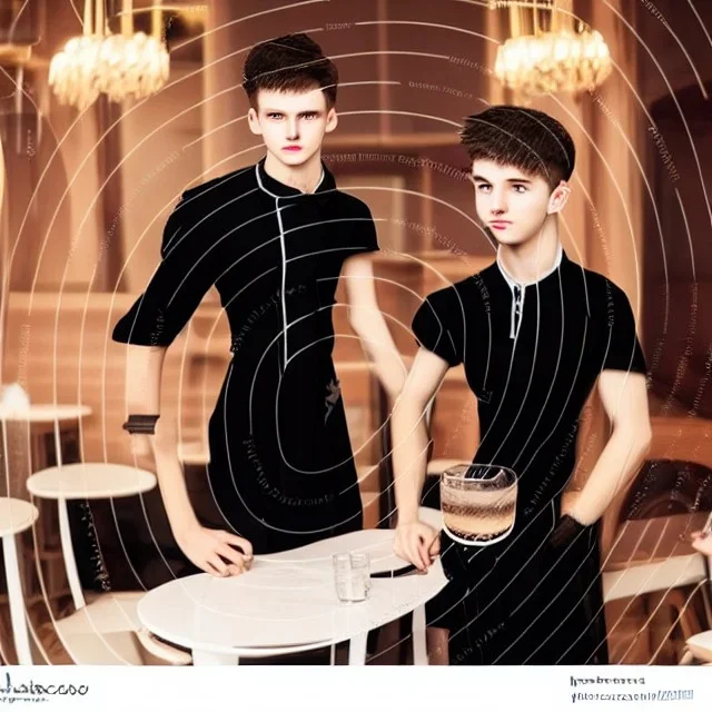 Russian guy student boy boyish boylike short man's haircut men's face boyish features female figure in black girlish lacy cocktail dress earrings in restaurant