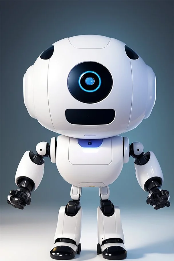 cute minimalistic robot with a big head, small and simple body, oval forms, digital face with pixeled eyes, happy face, head and body as one, white skin, no legs, no feet, integrated painter arm, 3/4 angle, awesome pose, white background