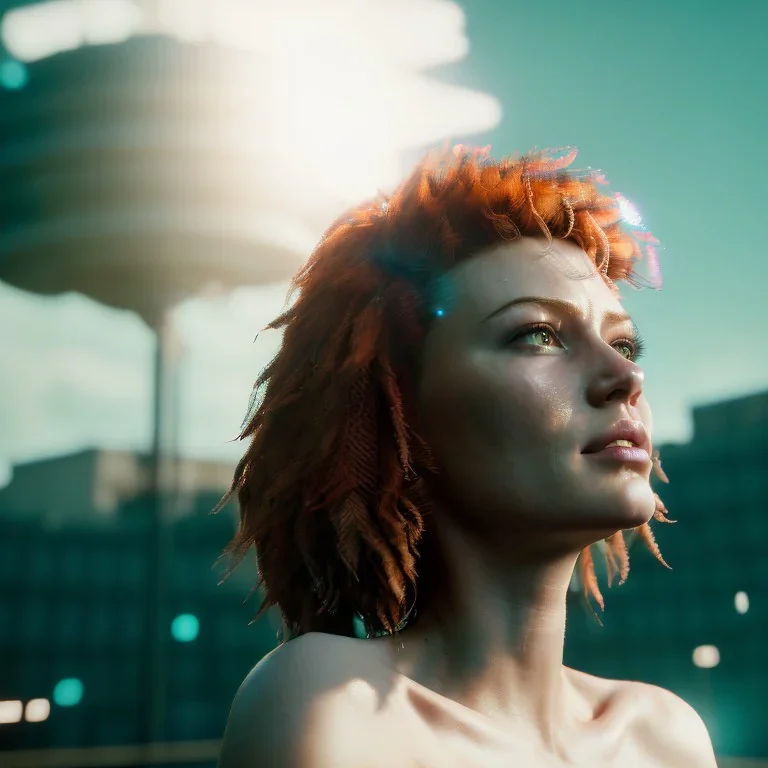 A beautiful portrait of a cyberpunk woman with lot's of grain on her skin red head with natural curly hair flying in the wind cyborg smiling facing camera orange color scheme, high key lighting, volumetric light high details with white stripes and feathers unreal 5, octane render, cinema4d, dynamic lighting, dramatic lighting, 4k, redshift render, highly detailed, hyper realistic