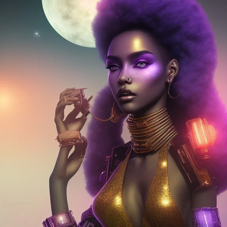 full body shot, masterpiece, best quality, family of three, black skinned, sparkling eyes, fluorescent skin,purple-dark makeup, gangsta style , highly detailed body, afrofuturism, scifi, sun light, 4K, RAW, depth of field, high contrast, realistic details, 24mm