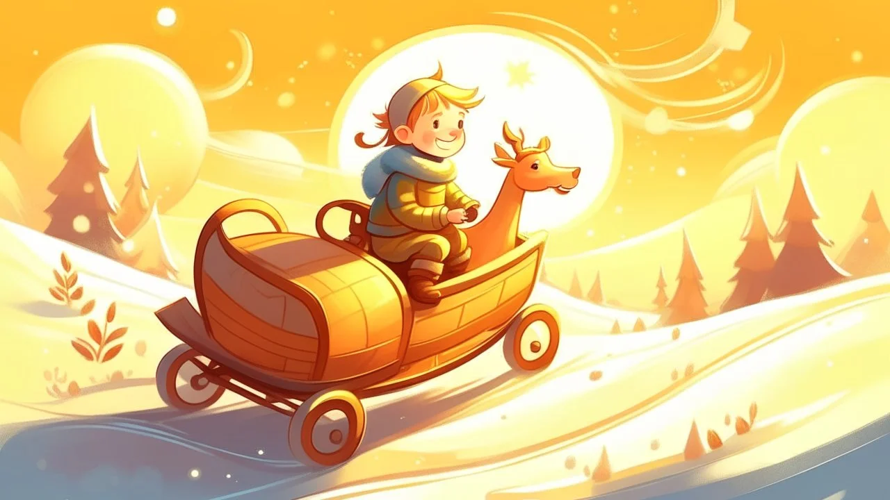 fantasy cartoon style illustration: a little boy on a sleigh. Sun is shining, it's a beautiful winter day.