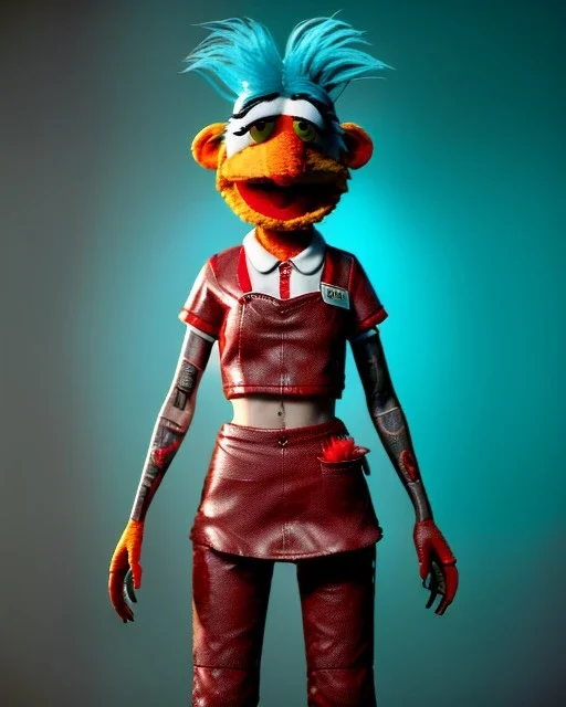 hybrid character, waitress sexy woman with monster muppet mask that covers her entire head, short shirt, tray, old school tattoo, retro style, Sesame Street style, smooth, unreal engine 5, god lights, ray tracing, RTX, lumen lighting, ultra detail, volumetric lighting, 3d.