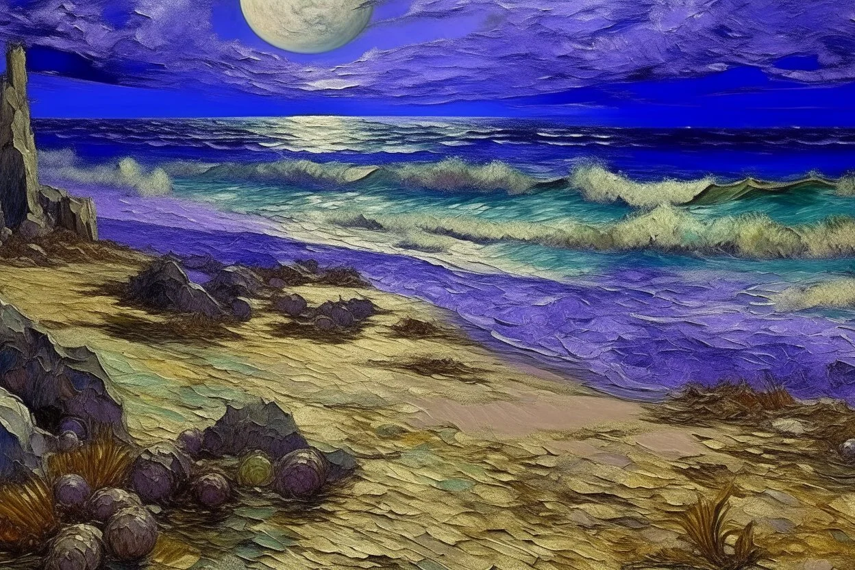 A violet beach near an undersea reef painted by Vincent van Gogh