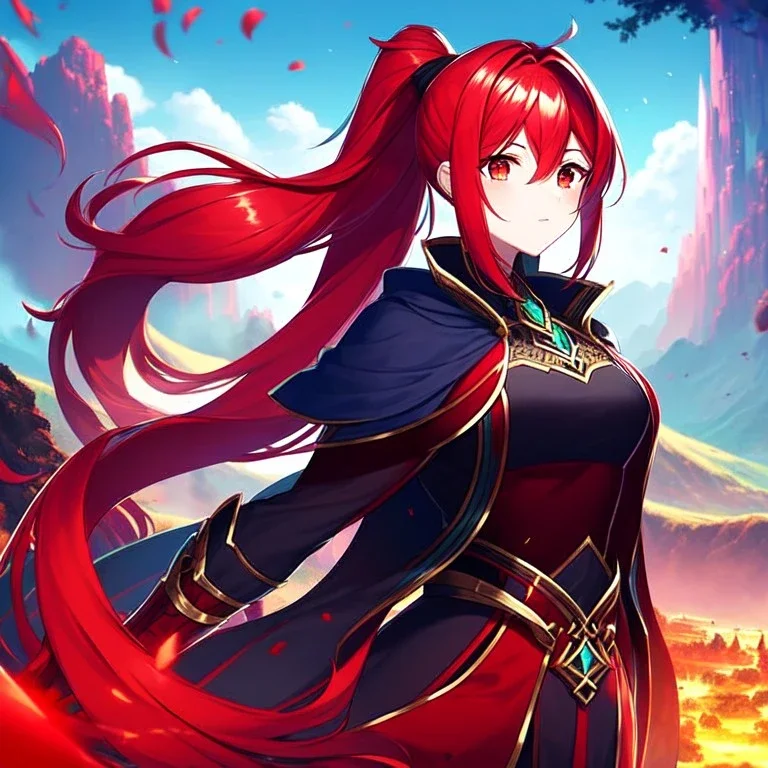 girl, masterpiece, best quality, cinematic lighting, detailed outfit, perfect eyes, red hair, red eyes, long hair, ponytail, landscape, in a fantasy world full of magic and mystery, inspired by miyazaki and akira, cel-shaded art style, detailed background with lush vegetation, neon-like elements and fog, vibrant colors and dramatic lighting,