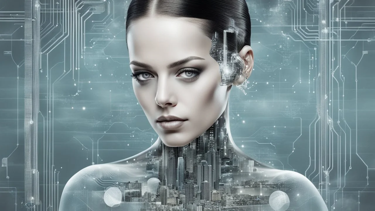 Double Exposure collage portrait of android-human transparent woman face with microchip pattern, cyberpunk, higtech city, skyline, silver sky background, cold, silver, grey, dark colors, futuristic mood, utopistic, high detailed