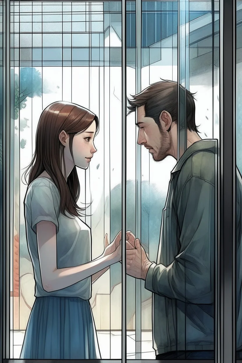 The cover of the song of a girl looks at a man and wants to go to him but there is a glass wall that prevents her and he can't see her Photorealistic