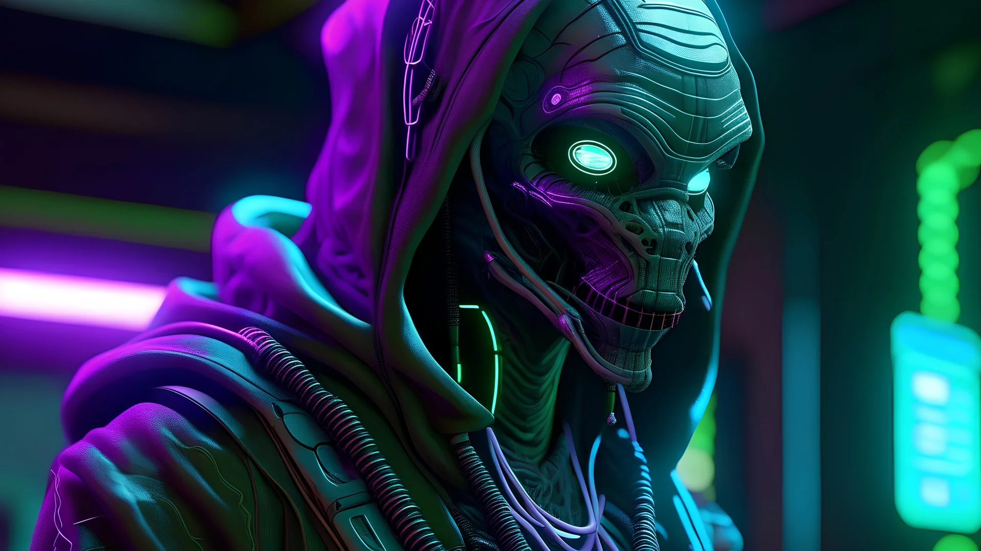 cyberpunk neoromancer and alien based 3D Print of an cyberpunk masked neuromancer dystopian mage, anime style, semi realistic human render, blender, ultra detailed, purple and green, Controlled Randomness, depth of vision, depth of field, sharpness 35%, Low Light Photography, Unreal Engine 5, OctaneRender, object illumination, ambient occlusion, metallic texture, static background, aesthetic, cyber, glossy, glow, bloom, surrealism,