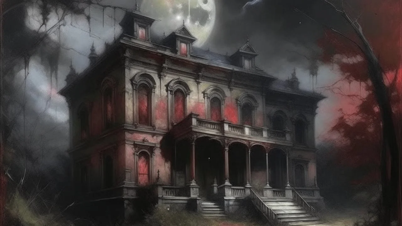 A hauntingly beautiful oil painting depicting the bloody moon illuminating the abandoned mansion, evoking a sense of mystery and dread. The intricate brush strokes capture the eerie atmosphere perfectly