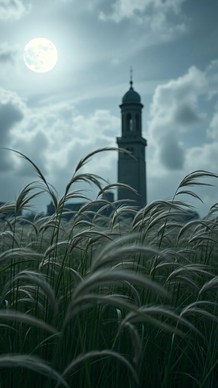 Windblown grass with winds with clouds and moon in the background, high quality picture 8k, beautiful cinematic lighting and all gray colors , a tall old tower building in background