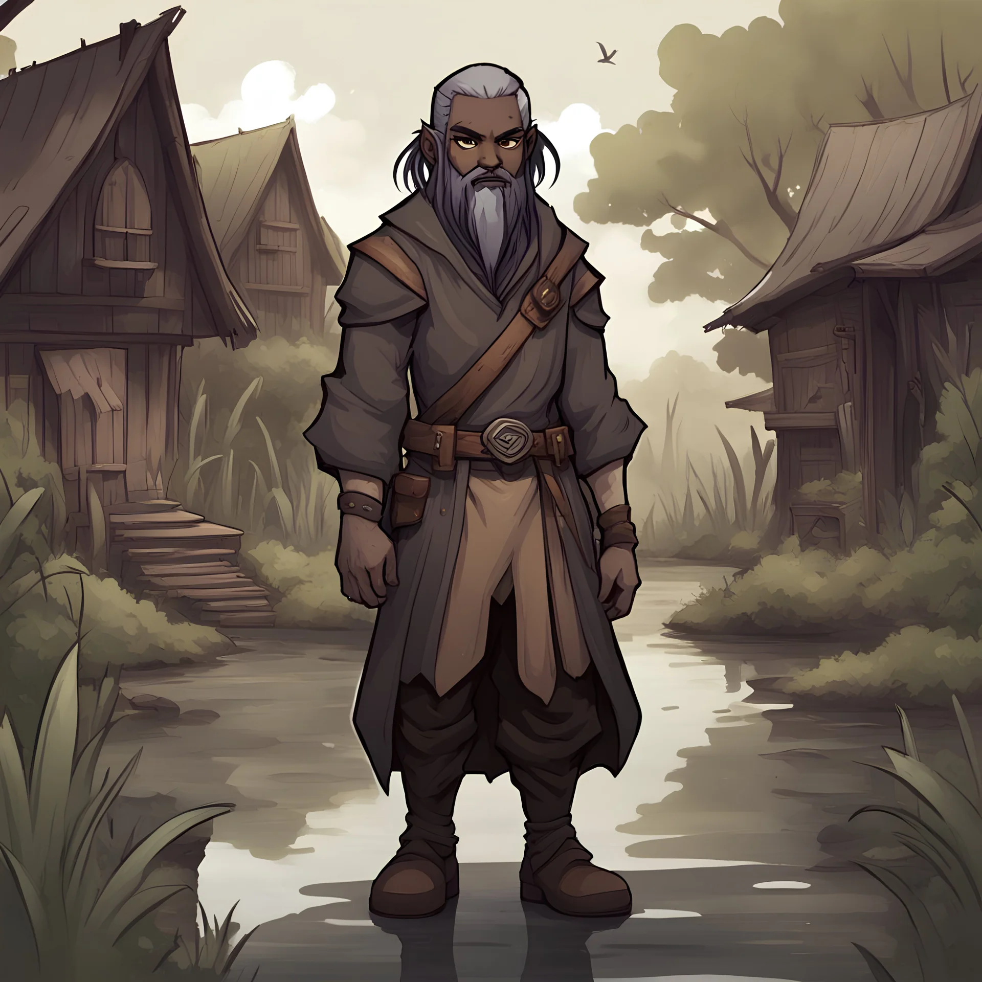 Ababael is a drow with dark silver skin medium straight dark silver hair with a full beard in brown and tan swamp clothes, background swamp village, in chibi art style