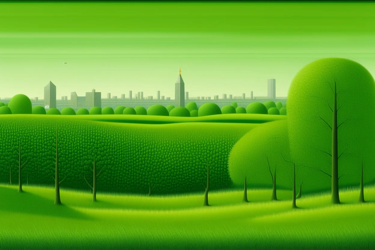 A green plain near a big city high rise buildings painted by Henri Rousseau