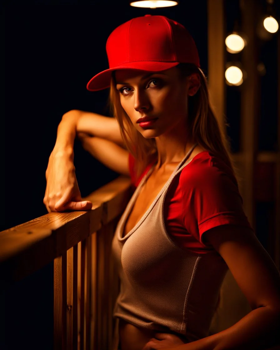 woman with a red baseball hat. leaning on a wooden balcony. night time. fantasy. studio lightining.