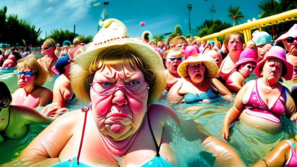 wide angle of mother pouting at a crowded water park