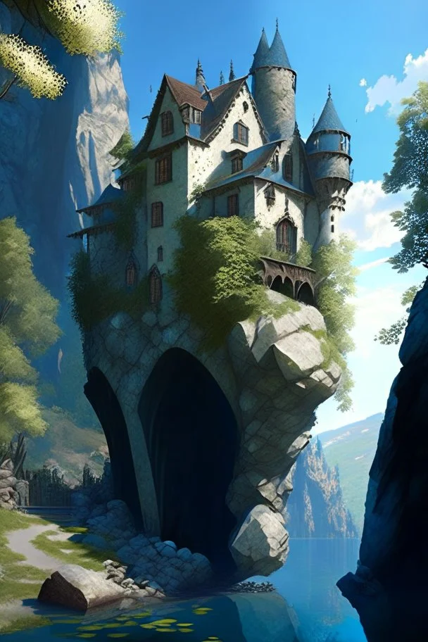 small gothic medieval house built into a rock face, rooms appear added on, lake, trees, arches, bridge, foliage, balconies, sunny blue sky