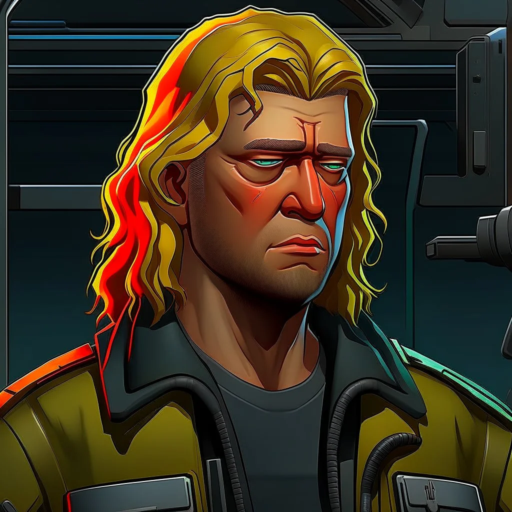 The submarine mechanic Blicke Blocknyckel, a blonde man with a mullet and muttonchops beard realistic grimdark