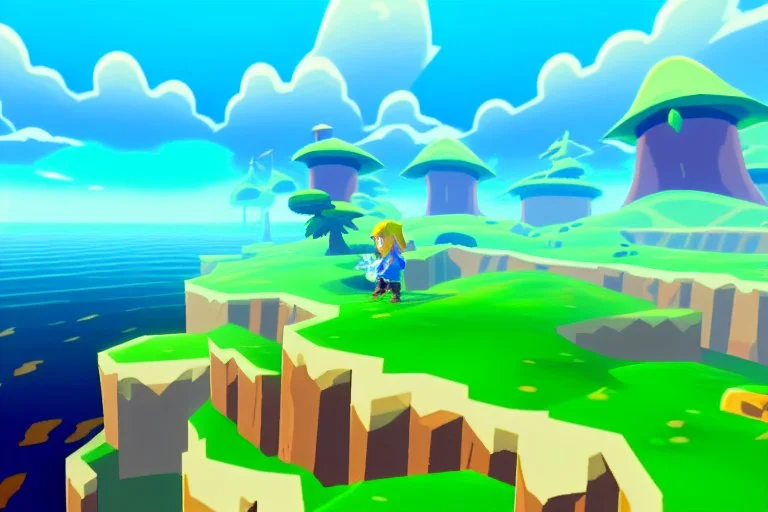 Legend Of Zelda: Wind Waker style view of a vast ocean, stylized, colorful, adventurous, no ships nor islands.