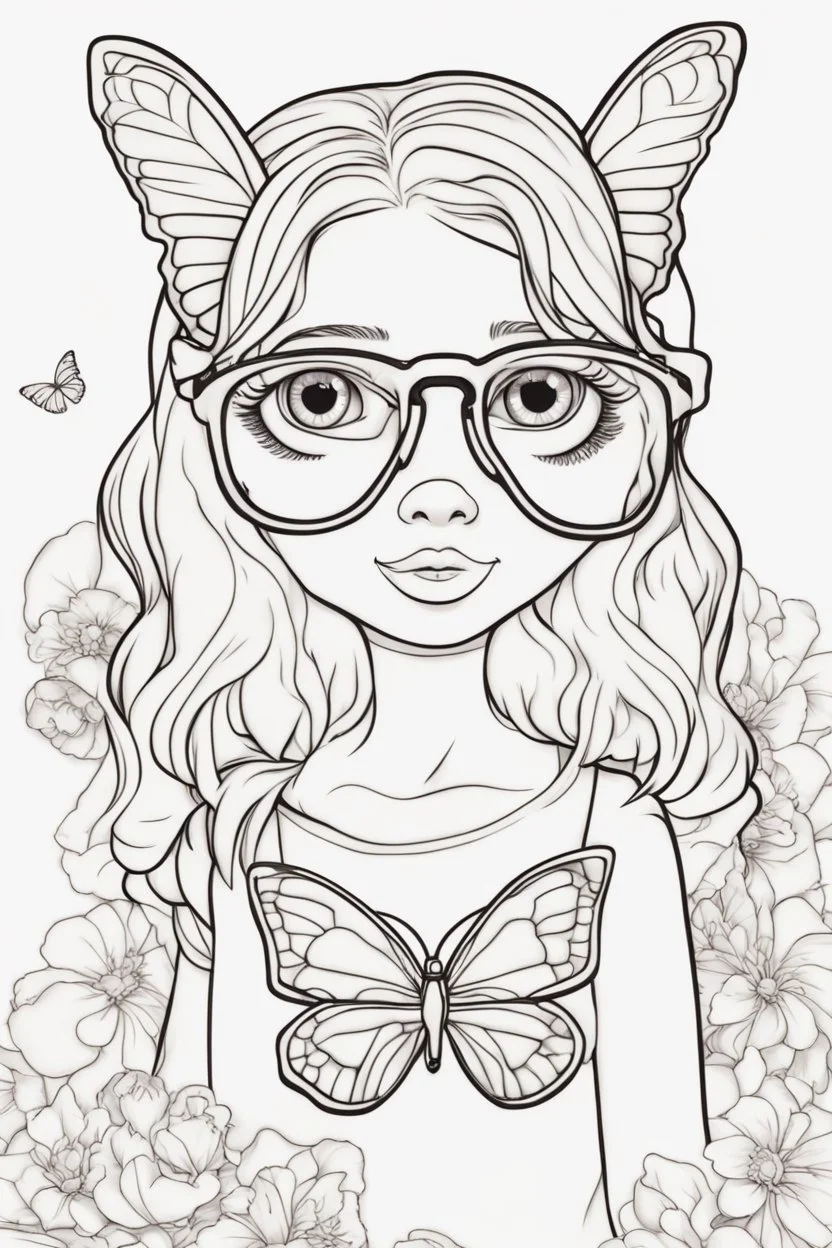 Outline art for cute coloring pages with butterfly with glasses, full body, white background, sketch style, only use outline, clean line art, no shadows and clear and well outlined.