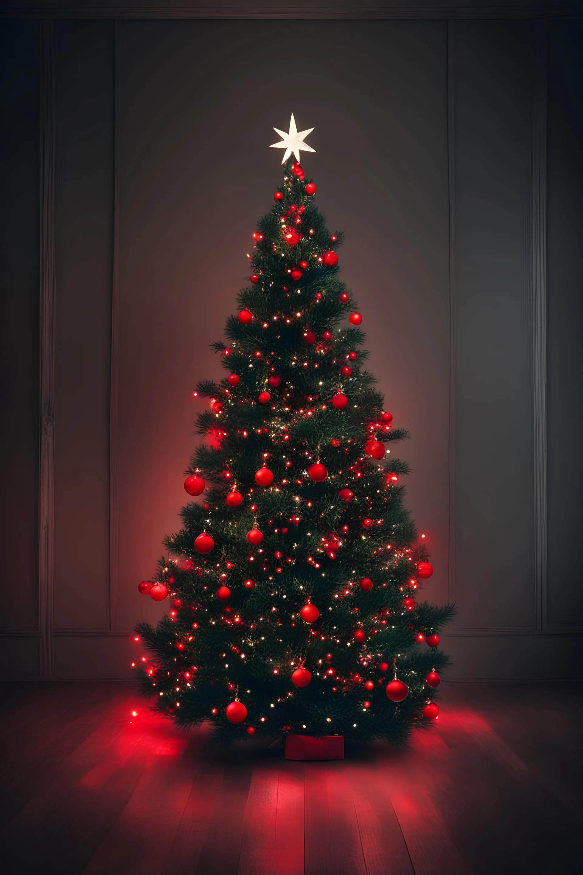 christmas tree with red lights in dark room