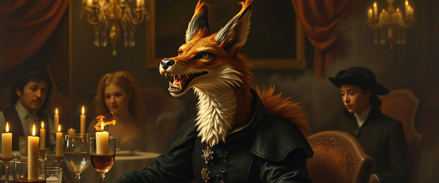 portrait painted by Rembrandt, stupid looking fire breathing dragon fox at banquet
