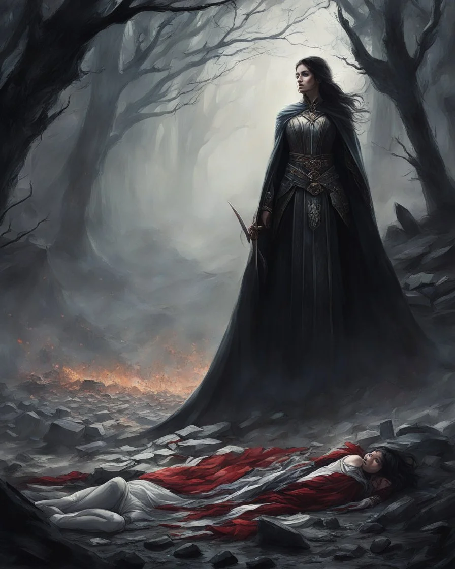 heroic fantasy scene: he looks upon the fallen bodies of her foes, her gaze filled with a mix of sorrow and determination. The memories of her sisters, her mother, and Xho, the ones she could not protect, weigh heavily on her soul. Their faces flash before her eyes, their voices whispering in her ears, a constant reminder of the pain she carries. With her sword in hand and her heart set on her goal, Zhaania embraces the reality that her journey may lead her to the brink of her own mortality. The